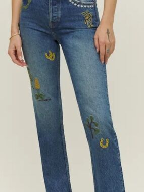Reformation Blue Straight-Leg Jeans with Yellow & Green Embroidery Juno Size 31